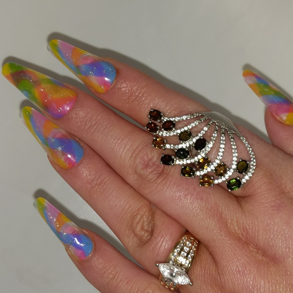 Multi-colored Tourmaline Gemstone Fan Design Ring Sterling Silver - Picture 14 of 14